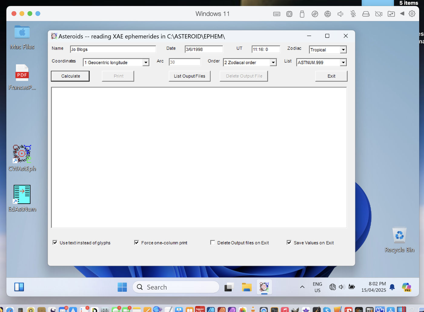 CWAstEph Asteroid App options settings